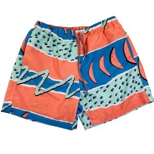 Mens Abstract Geometric 90s Style Swim Trunks Coral Blue Mint Green Size Small